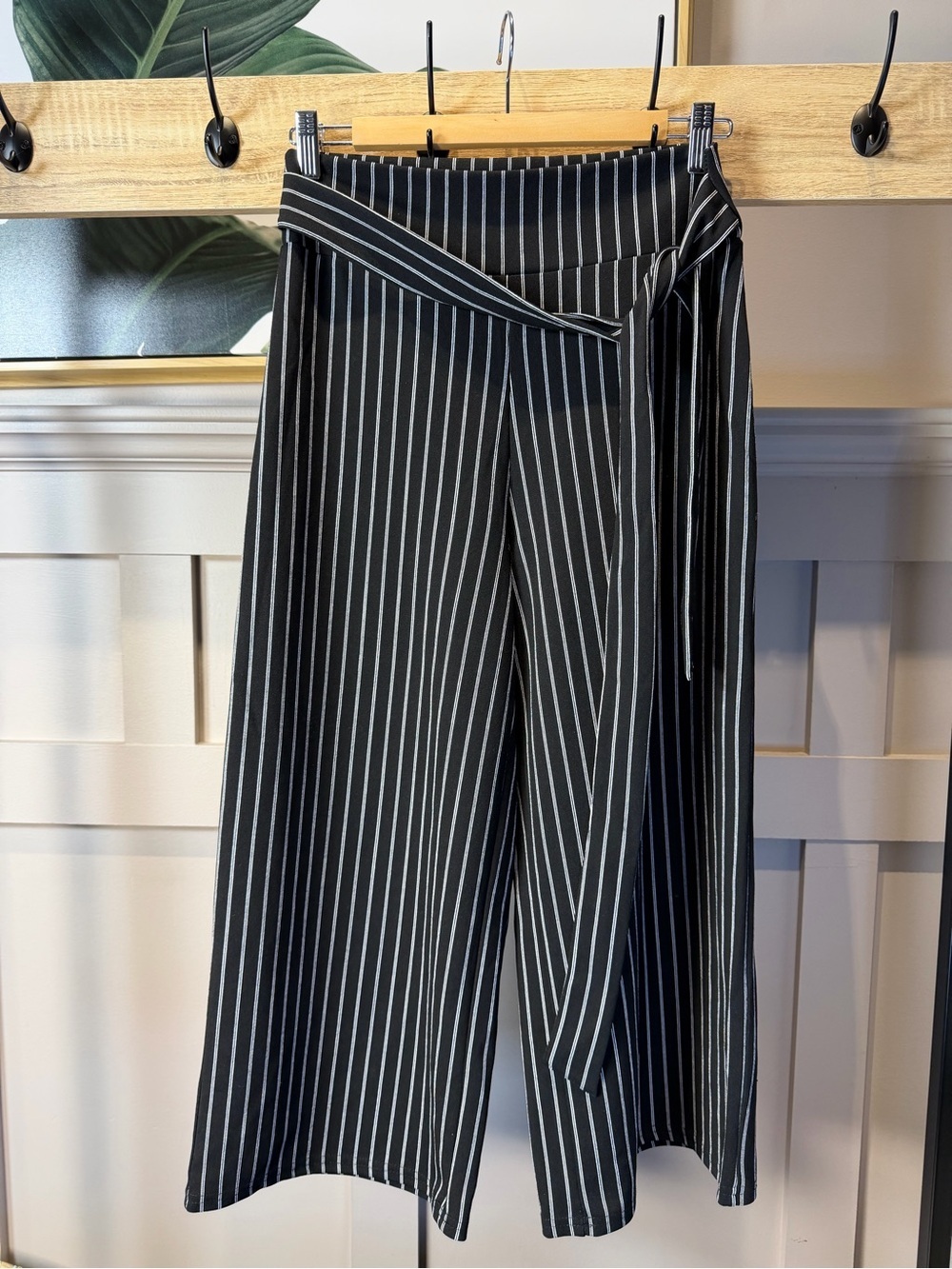 Revamped Black Pinstripe High Waist Wide-Leg Wrap Pants S